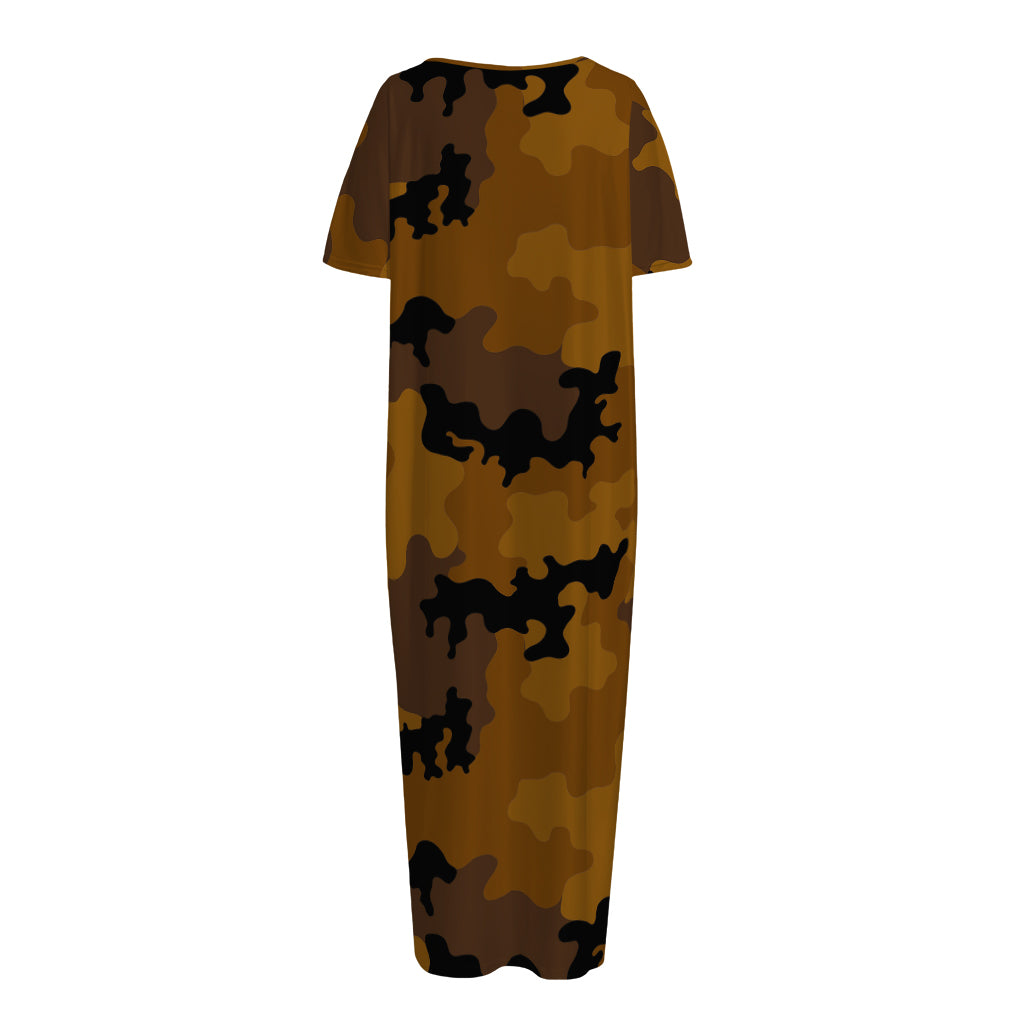 Dark Brown Camouflage Print Short Sleeve Long Nightdress