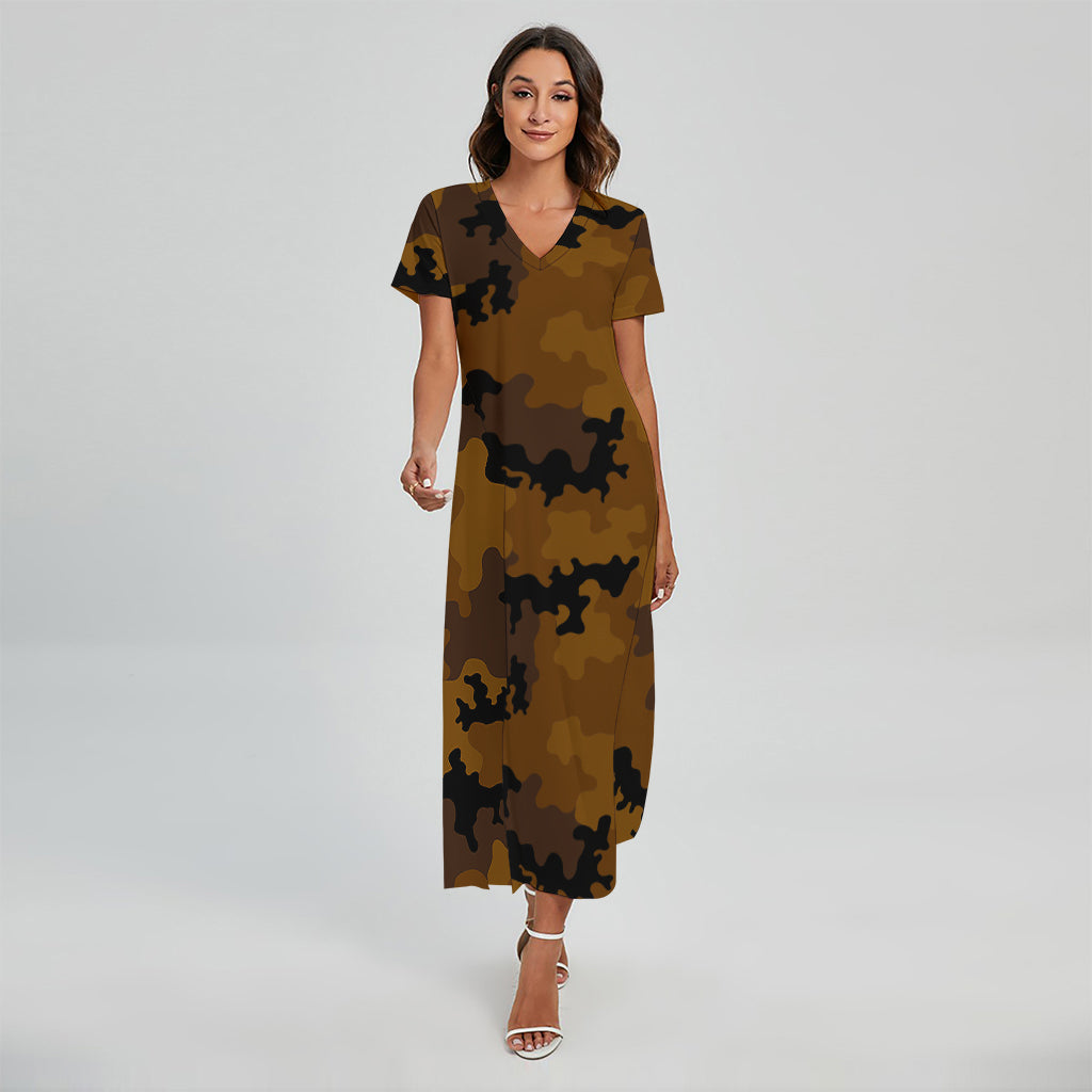 Dark Brown Camouflage Print Short Sleeve Maxi Dress