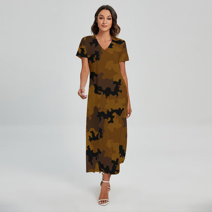 Dark Brown Camouflage Print Short Sleeve Maxi Dress