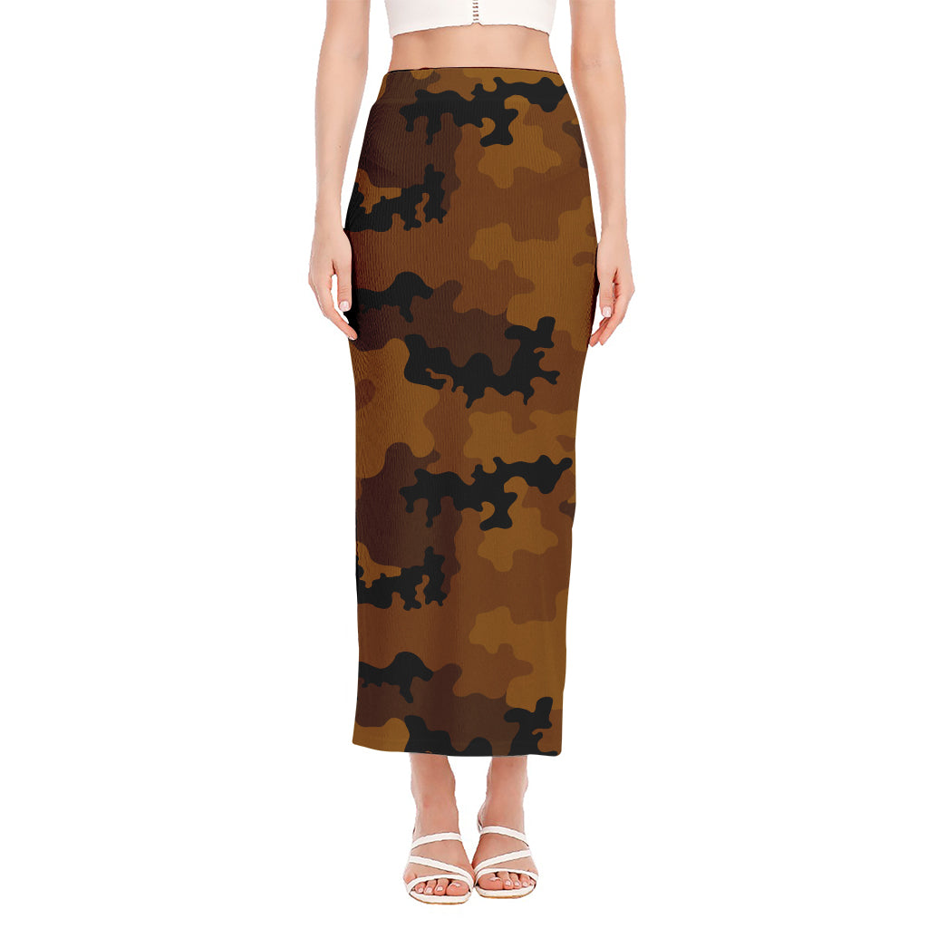 Dark Brown Camouflage Print Side Slit Maxi Skirt