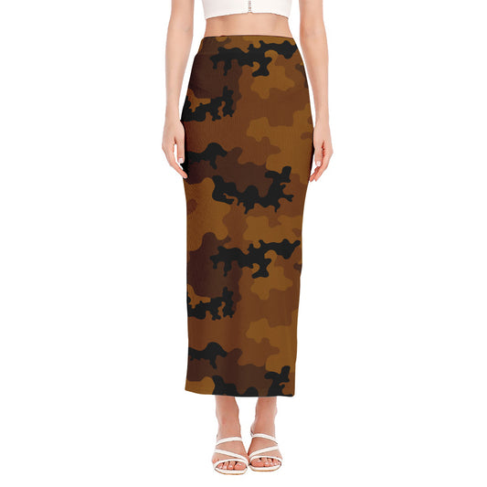 Dark Brown Camouflage Print Side Slit Maxi Skirt