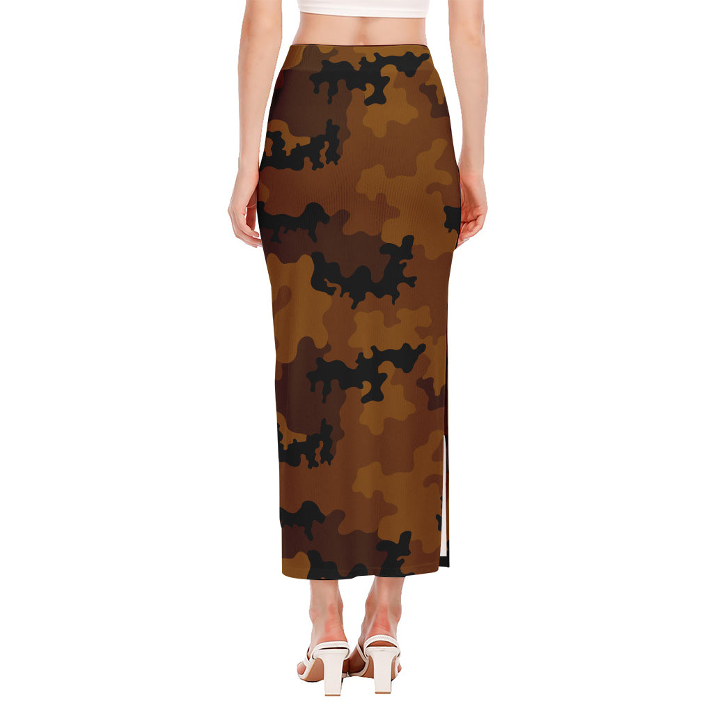 Dark Brown Camouflage Print Side Slit Maxi Skirt