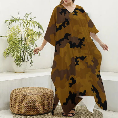 Dark Brown Camouflage Print Silk V-Neck Kaftan Dress