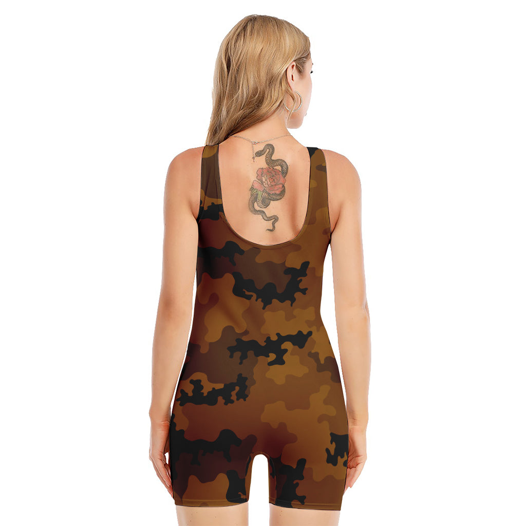 Dark Brown Camouflage Print Sleeveless One Piece Swimsuit