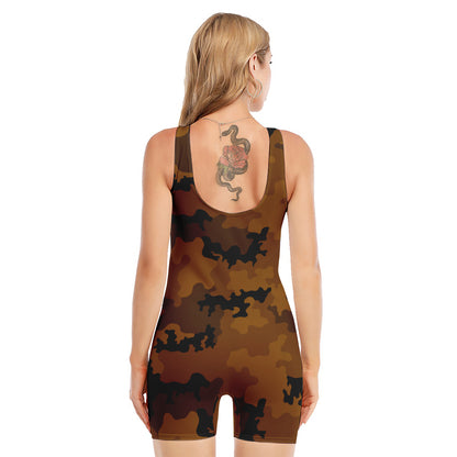 Dark Brown Camouflage Print Sleeveless One Piece Swimsuit