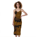 Dark Brown Camouflage Print Slim Fit Midi Cami Dress