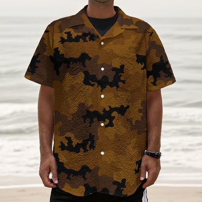 Dark Brown Camouflage Print Textured Short Sleeve Shirt