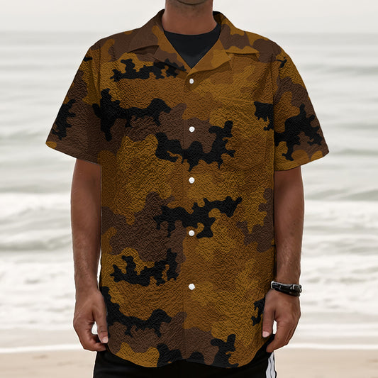 Dark Brown Camouflage Print Textured Short Sleeve Shirt