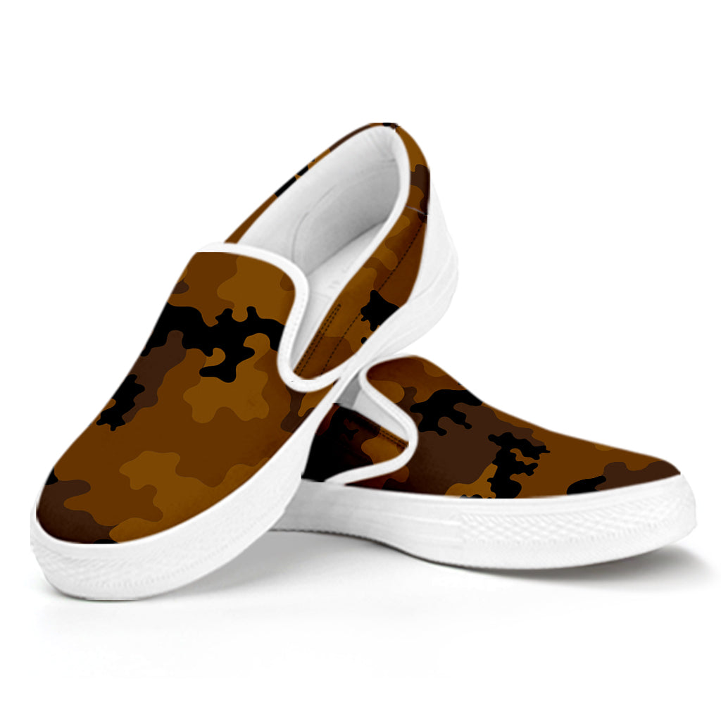 Dark Brown Camouflage Print White Slip On Sneakers