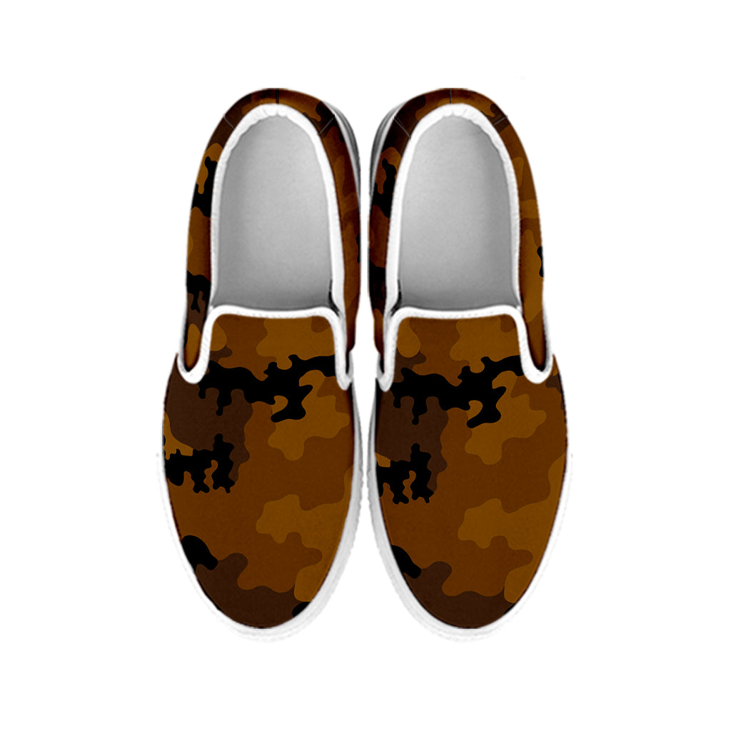 Dark Brown Camouflage Print White Slip On Sneakers