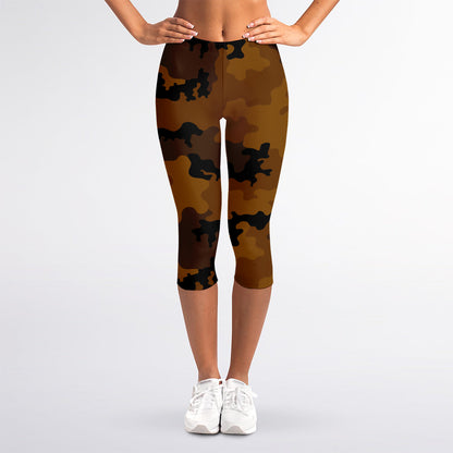 Dark Brown Camouflage Print Women's Capri Leggings