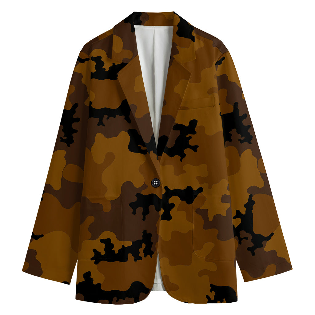 Dark Brown Camouflage Print Women's Cotton Blazer