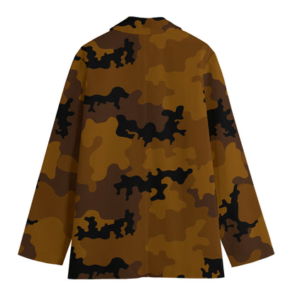 Dark Brown Camouflage Print Women's Cotton Blazer