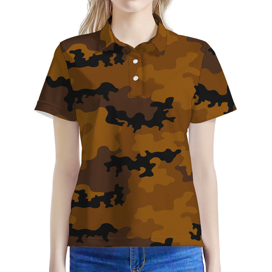 Dark Brown Camouflage Print Women's Polo Shirt