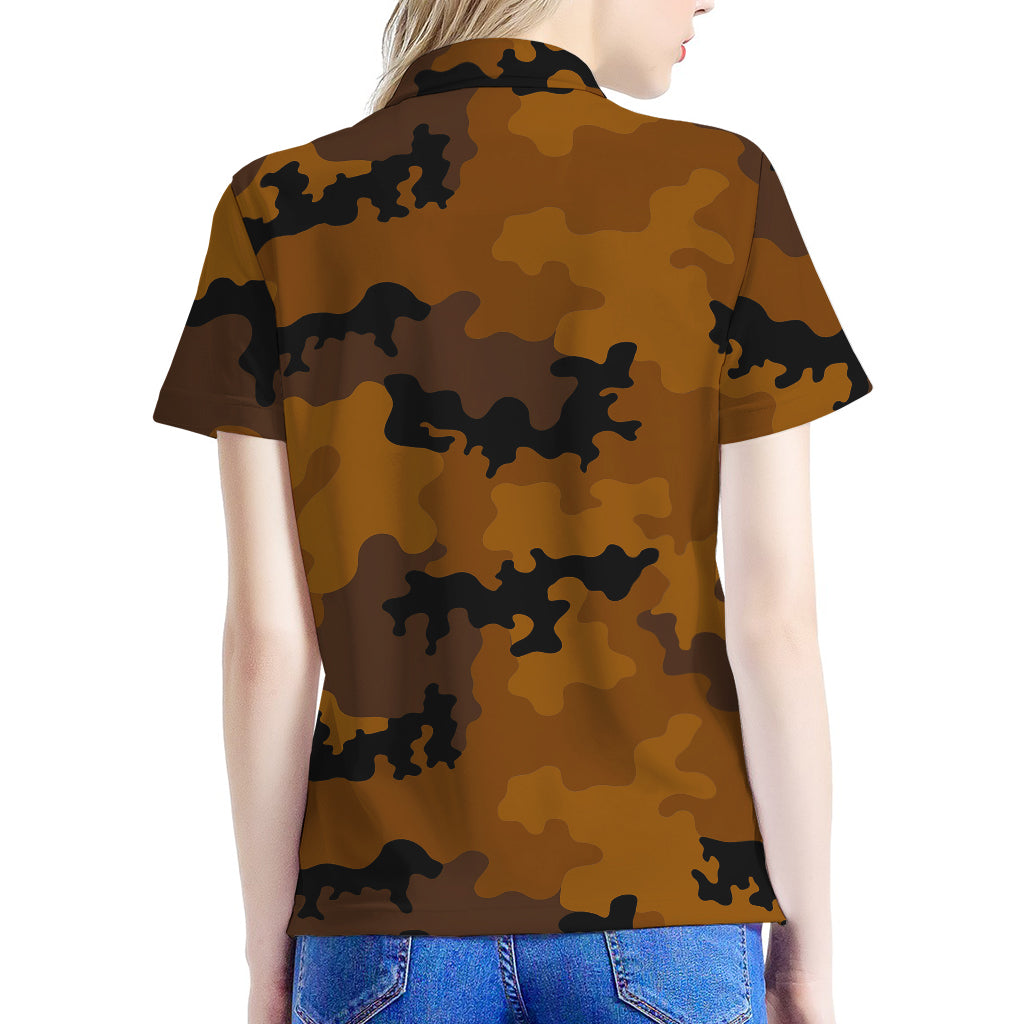 Dark Brown Camouflage Print Women's Polo Shirt