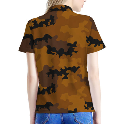 Dark Brown Camouflage Print Women's Polo Shirt