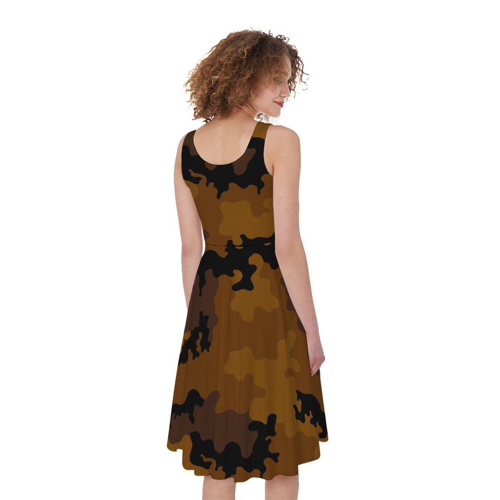 Dark Brown Camouflage Print Women's Sleeveless Dress
