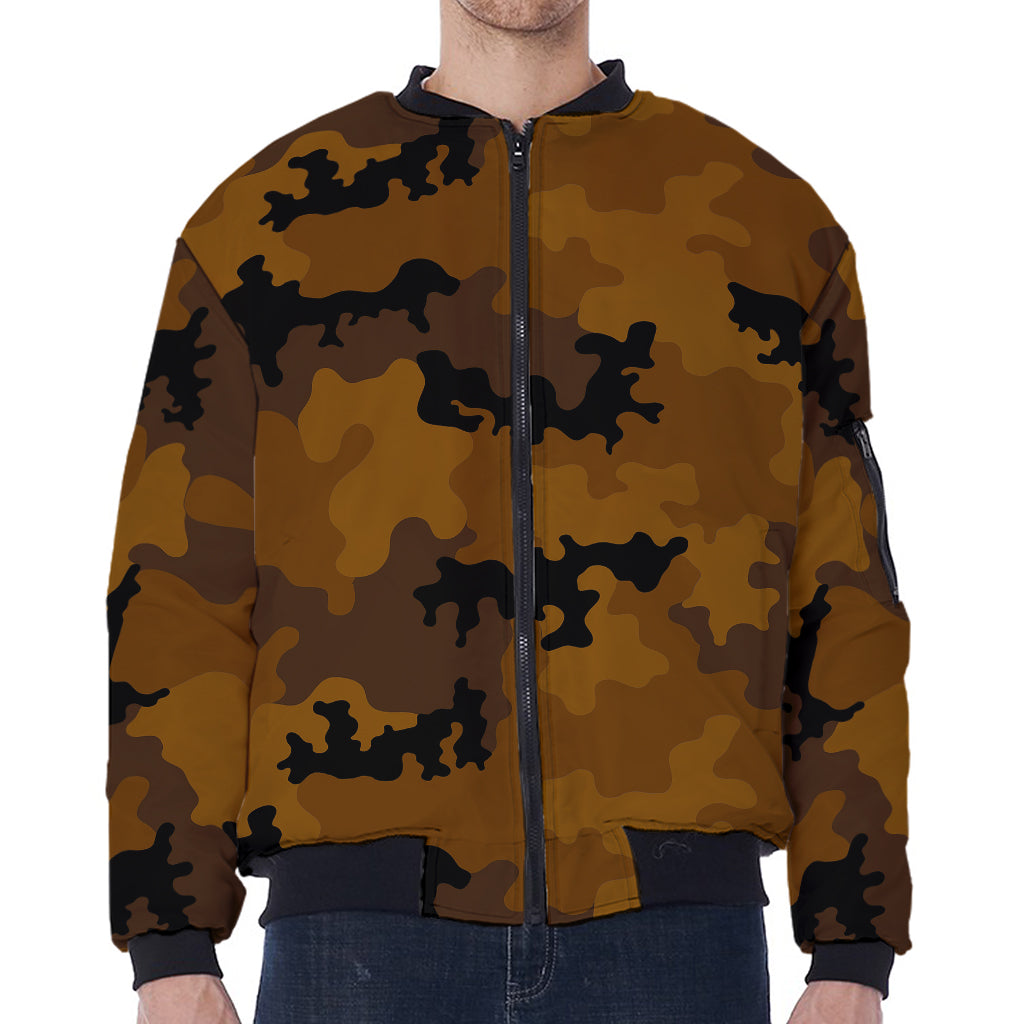Dark Brown Camouflage Print Zip Sleeve Bomber Jacket