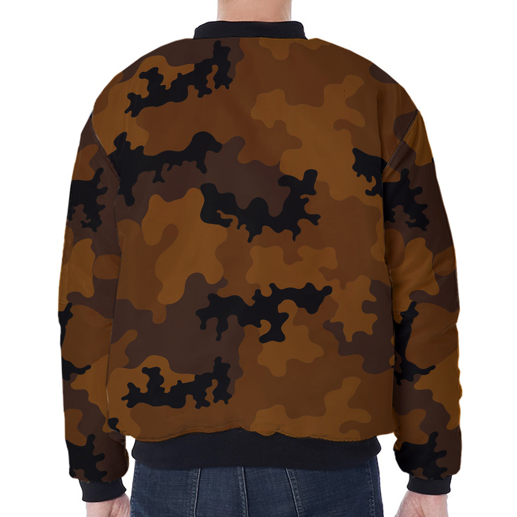 Dark Brown Camouflage Print Zip Sleeve Bomber Jacket
