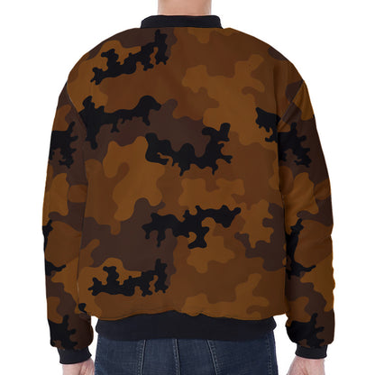 Dark Brown Camouflage Print Zip Sleeve Bomber Jacket