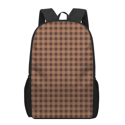 Dark Brown Check Pattern Print 17 Inch Backpack