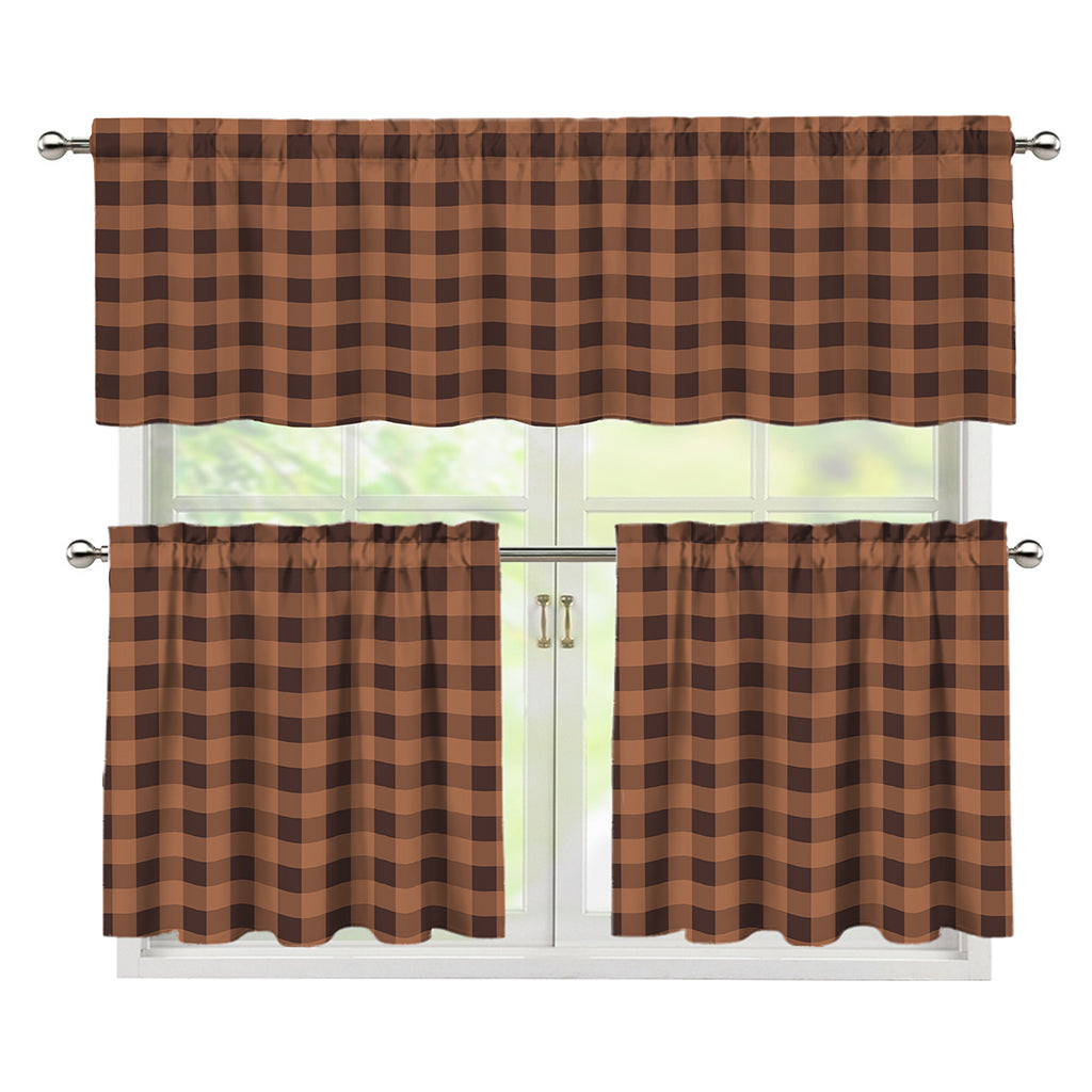 Dark Brown Check Pattern Print 3 Piece Kitchen Curtains