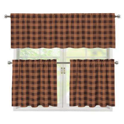 Dark Brown Check Pattern Print 3 Piece Kitchen Curtains