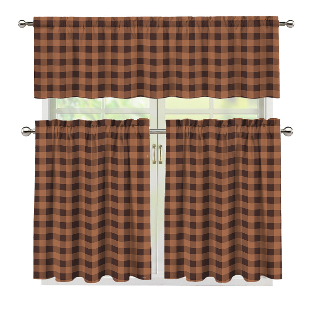 Dark Brown Check Pattern Print 3 Piece Kitchen Curtains