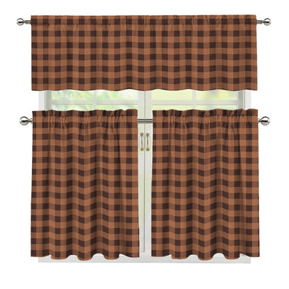 Dark Brown Check Pattern Print 3 Piece Kitchen Curtains