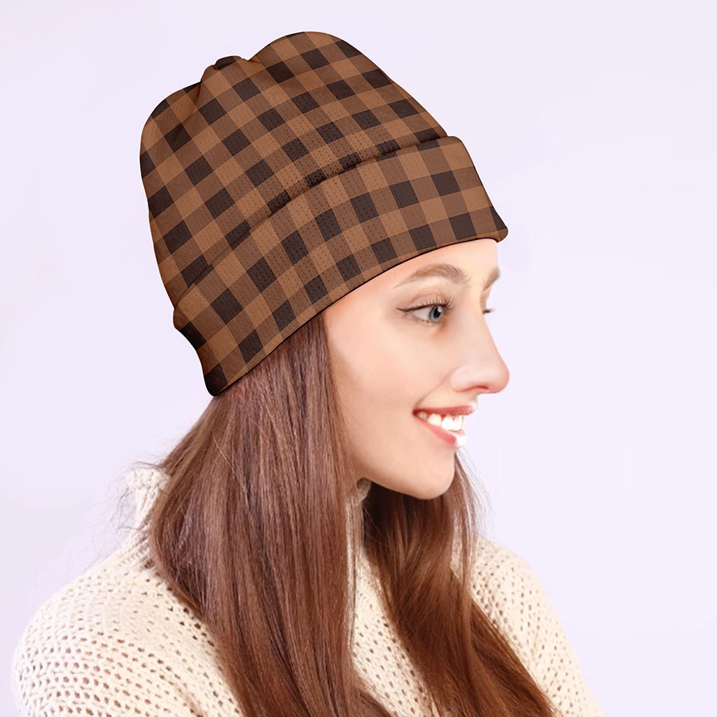 Dark Brown Check Pattern Print Beanie