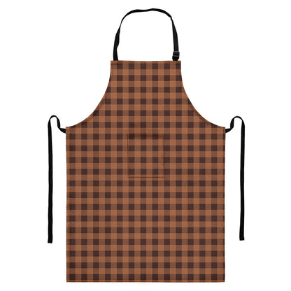 Dark Brown Check Pattern Print Bib Apron With Pocket