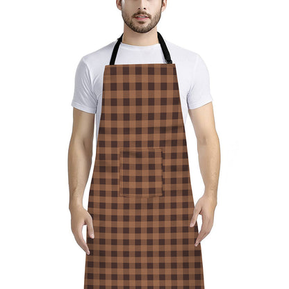 Dark Brown Check Pattern Print Bib Apron With Pocket