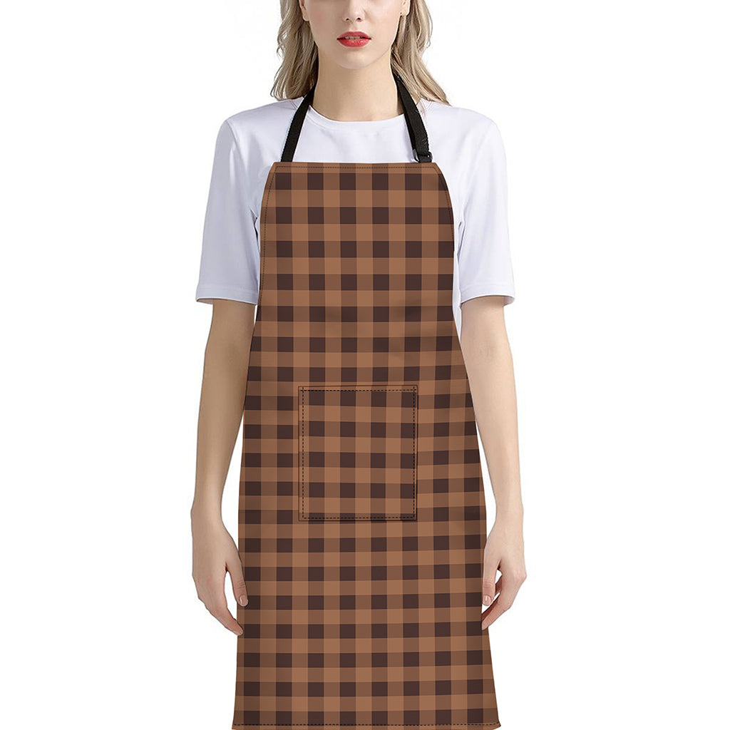 Dark Brown Check Pattern Print Bib Apron With Pocket
