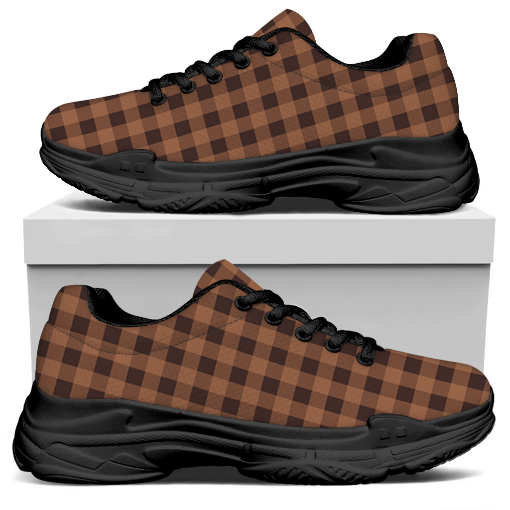 Dark Brown Check Pattern Print Black Chunky Shoes