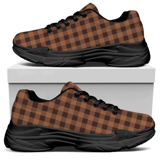 Dark Brown Check Pattern Print Black Chunky Shoes