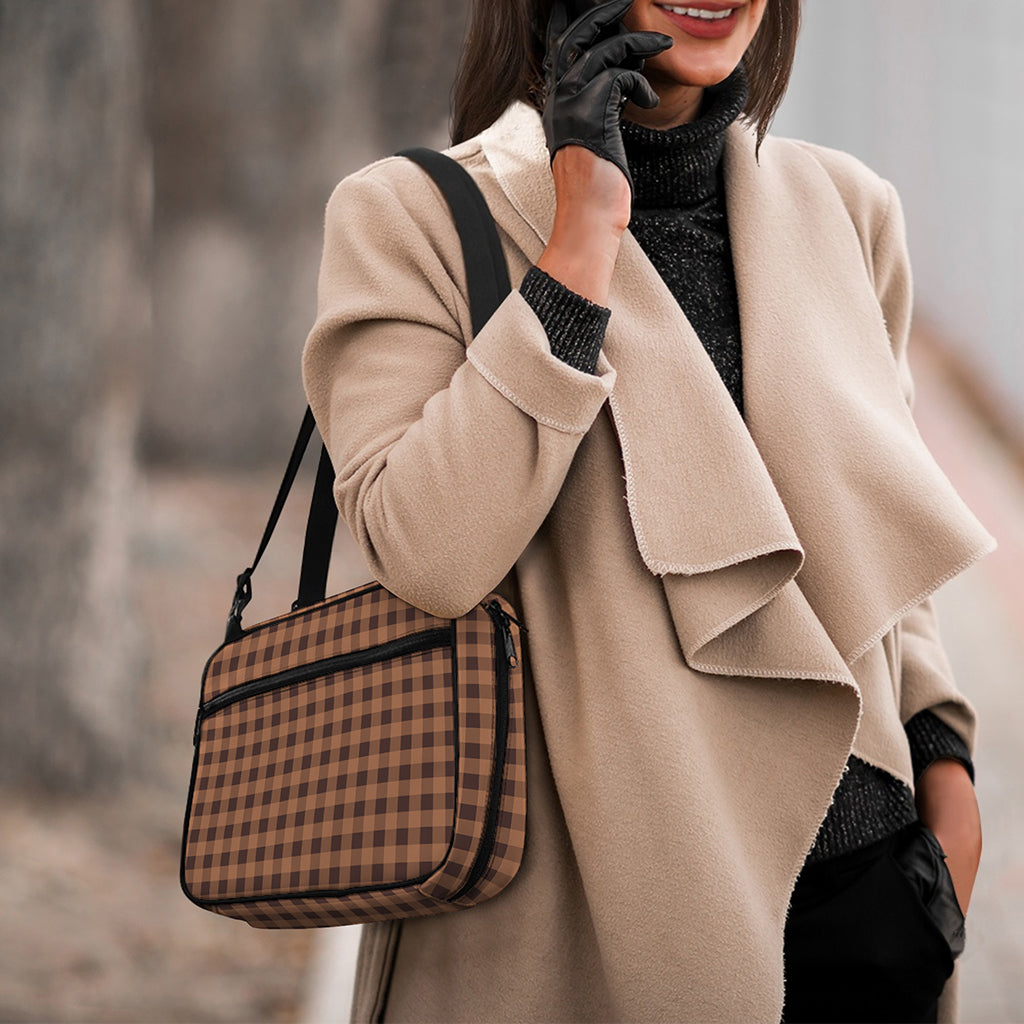 Dark Brown Check Pattern Print Double Strap Bible Bag