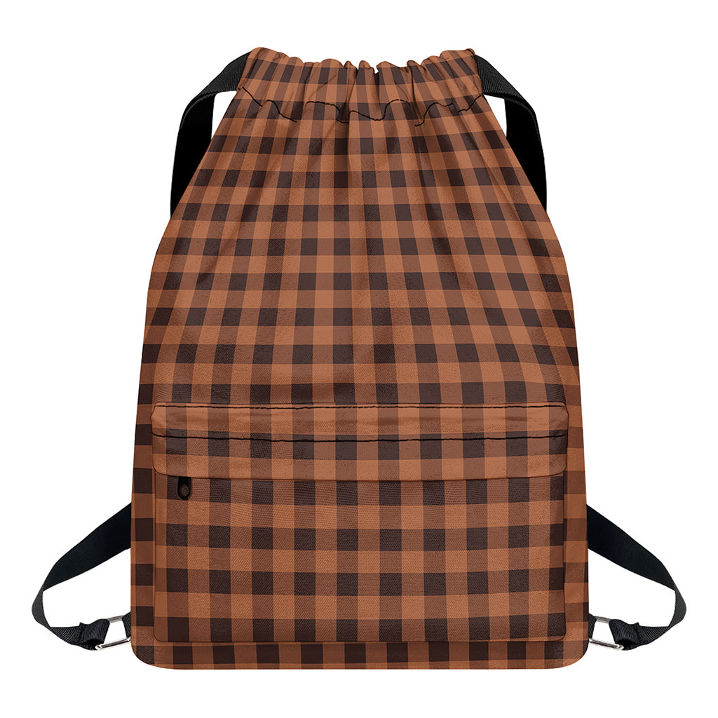 Dark Brown Check Pattern Print Drawstring Backpack
