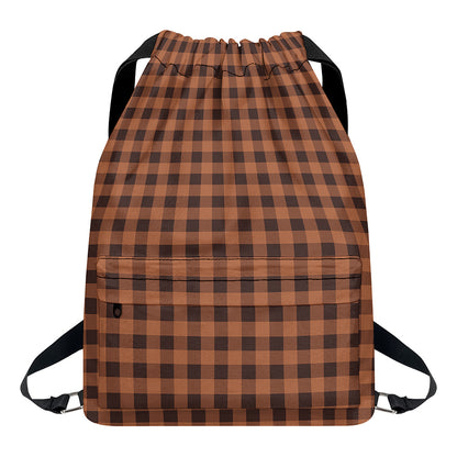 Dark Brown Check Pattern Print Drawstring Backpack