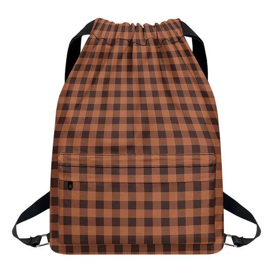 Dark Brown Check Pattern Print Drawstring Backpack