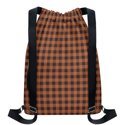 Dark Brown Check Pattern Print Drawstring Backpack