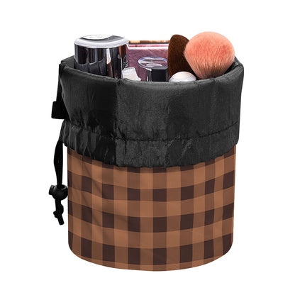 Dark Brown Check Pattern Print Drawstring Makeup Bag