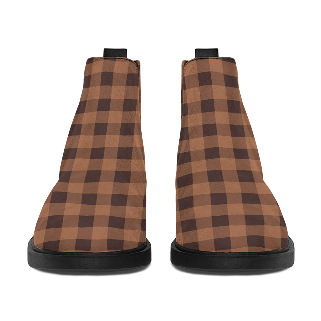 Dark Brown Check Pattern Print Flat Ankle Boots