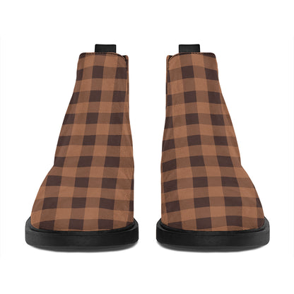 Dark Brown Check Pattern Print Flat Ankle Boots