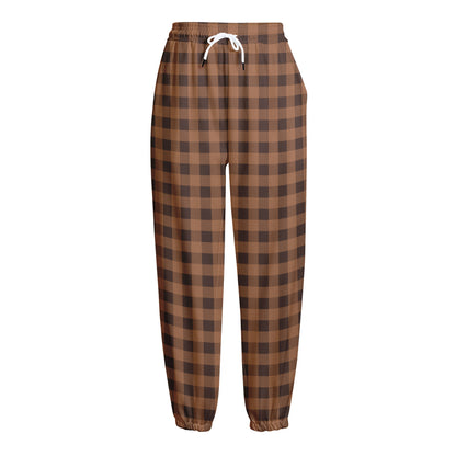 Dark Brown Check Pattern Print Fleece Lined Knit Pants