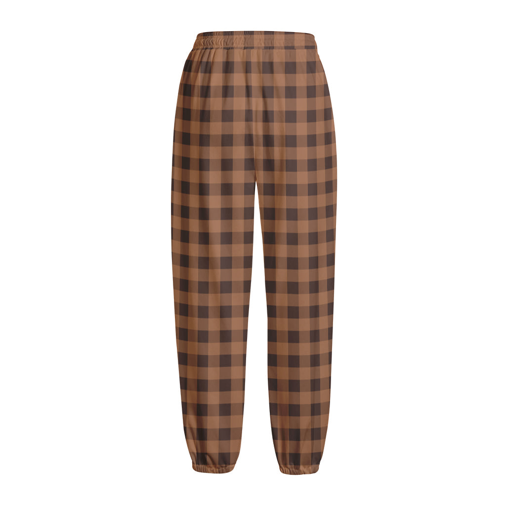 Dark Brown Check Pattern Print Fleece Lined Knit Pants