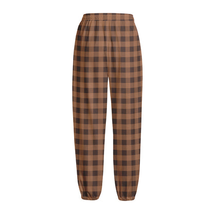 Dark Brown Check Pattern Print Fleece Lined Knit Pants