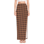 Dark Brown Check Pattern Print High Slit Maxi Skirt