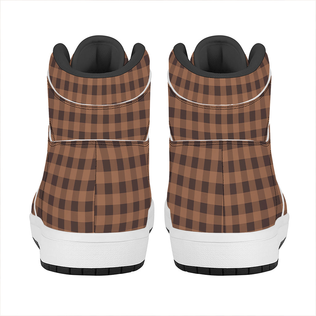 Dark Brown Check Pattern Print High Top Leather Sneakers