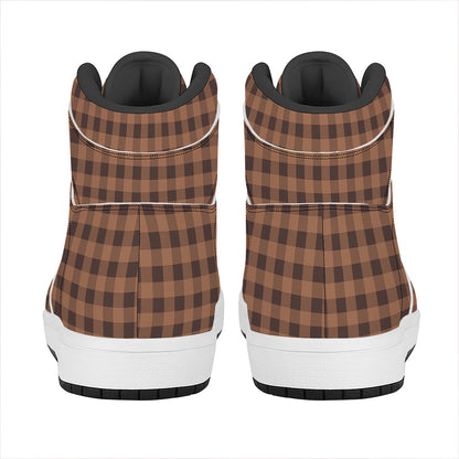 Dark Brown Check Pattern Print High Top Leather Sneakers