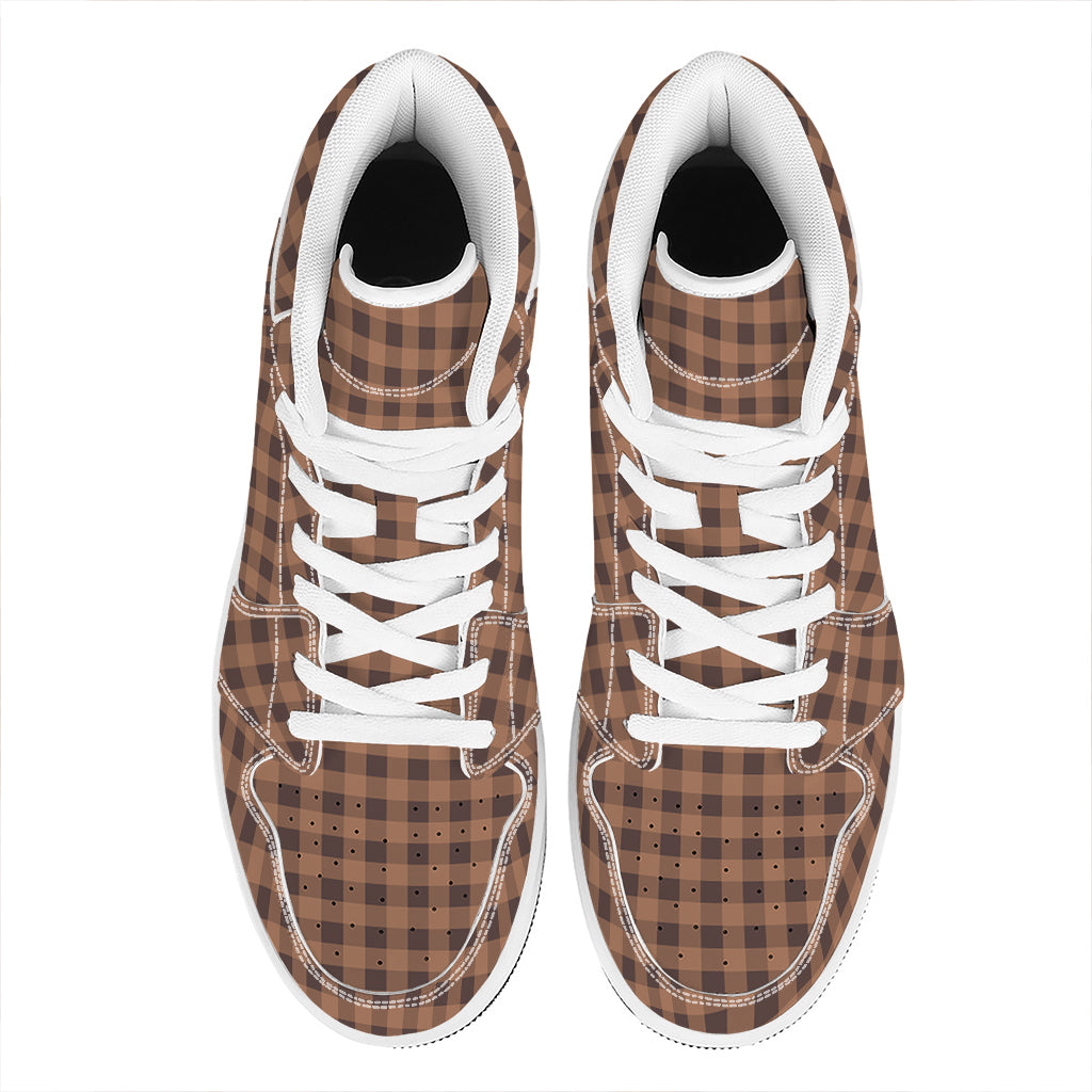 Dark Brown Check Pattern Print High Top Leather Sneakers